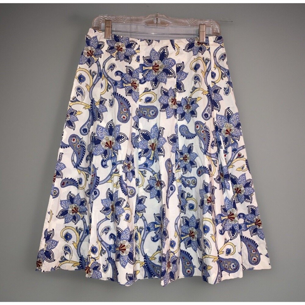 Tommy Hilfiger Women's Skirt Size 4 Paisley Floral White Blue 90s A line Vintage